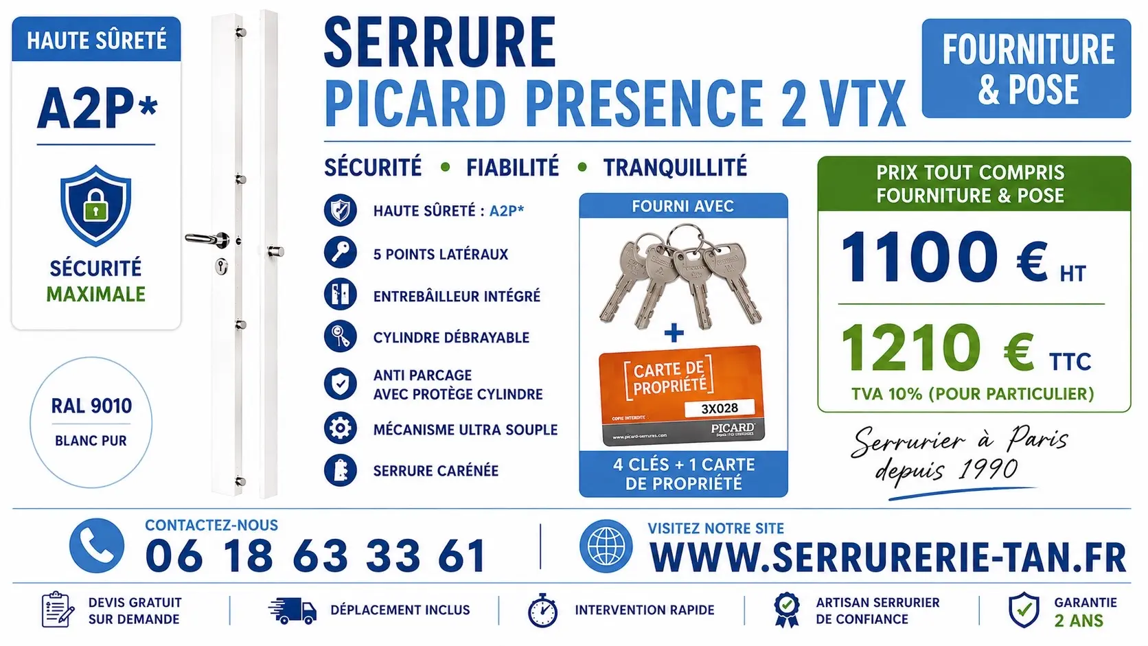 Serrure carénée Picard Présence 2 VTX Haute Sûreté A2P — Fourniture et pose Paris — Serrurerie TAN