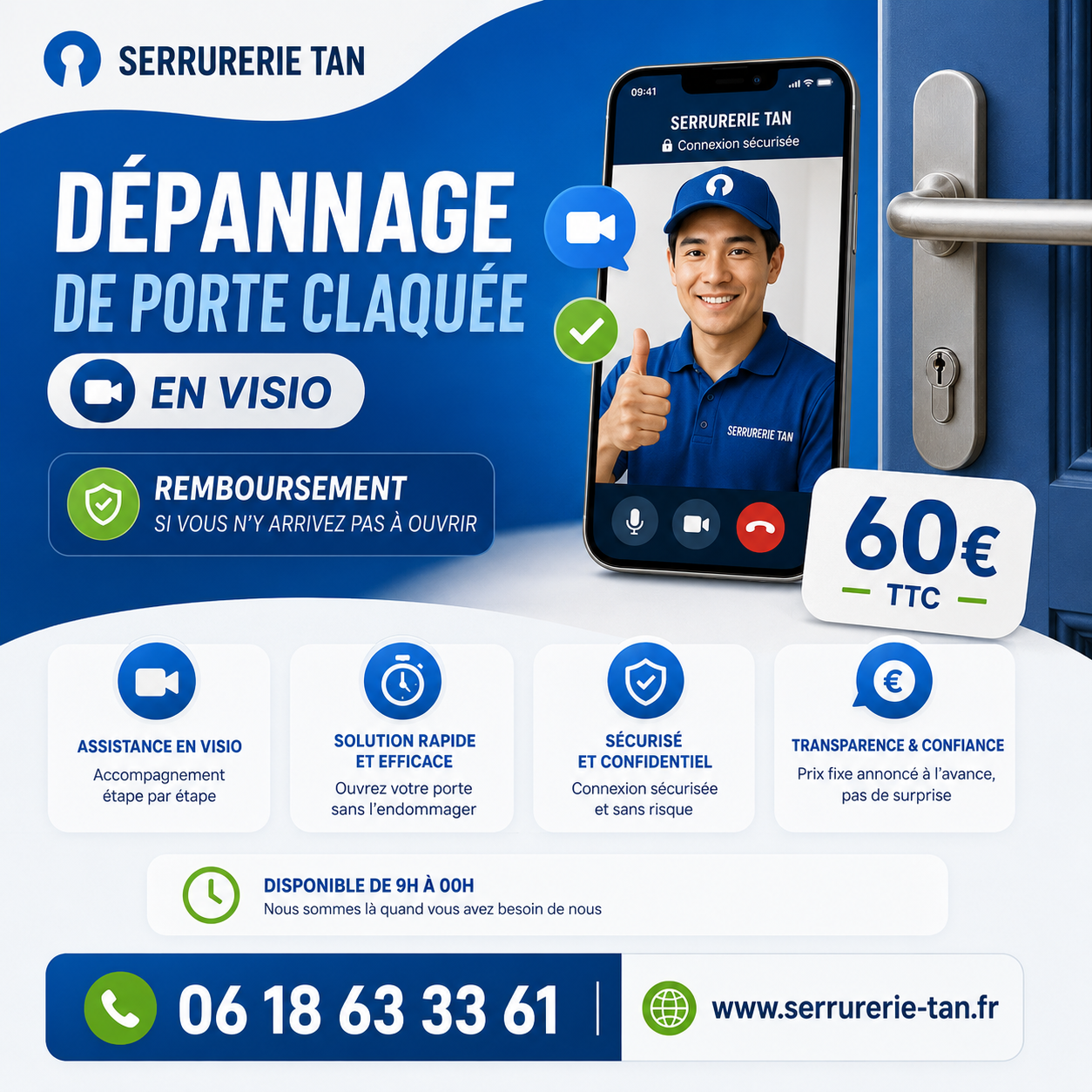 Dépannage de porte claquée en visio — 60 € TTC, remboursé si échec